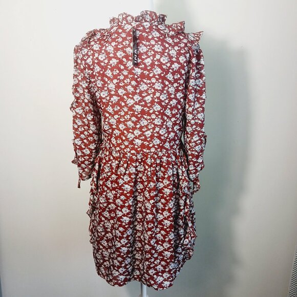 INA, NWT, Mini Dress, MED, Rust Floral Print Ruffle Accents 3/4 Sleeve Feminine - Picture 3 of 16